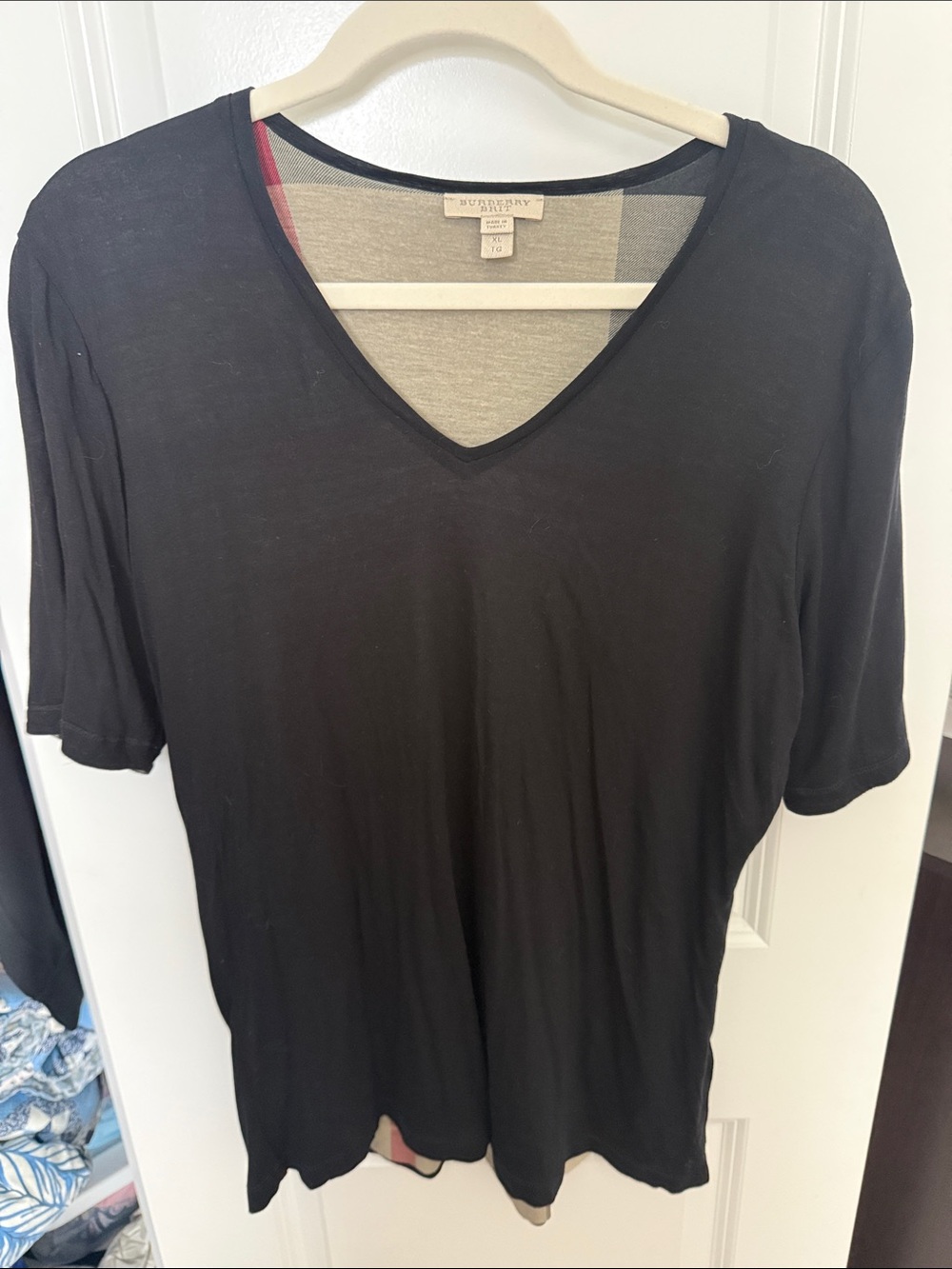 Burberry Brit Black Modal V-Neck Plaid Trim Top Size XL
